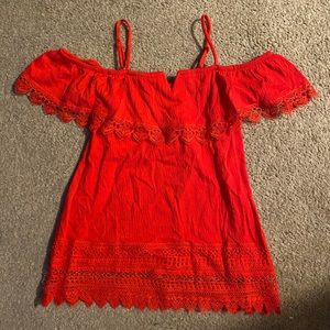 Red off the shoulder top with lace trim